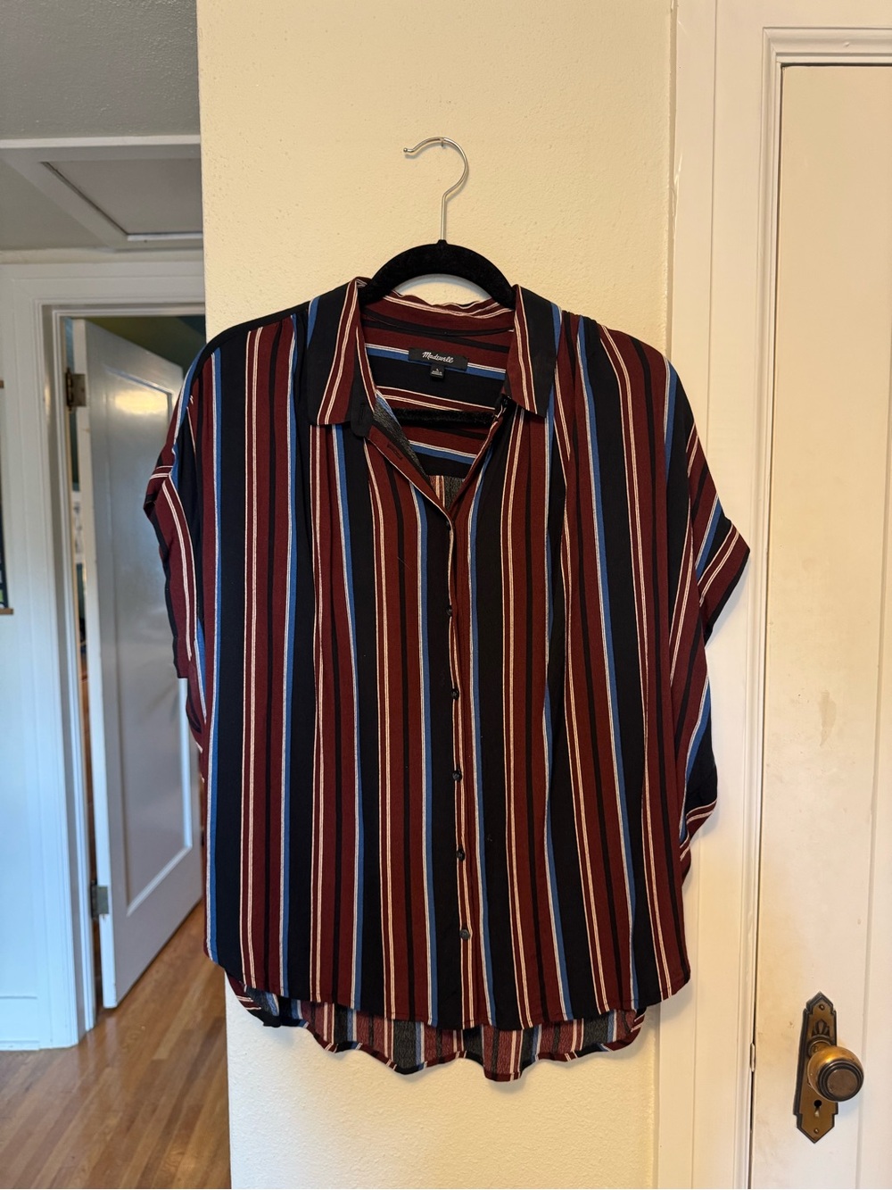 Madewell Drapey Striped Button-Front Short Sleeve Blouse - Burgundy, Navy, Cream
